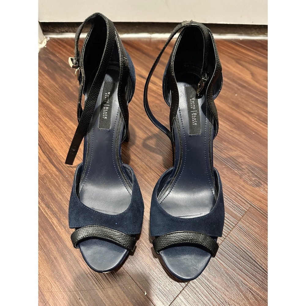 White House Black Market Navy Suede Black Snake Trim Ankle Strap Heels Size 10M